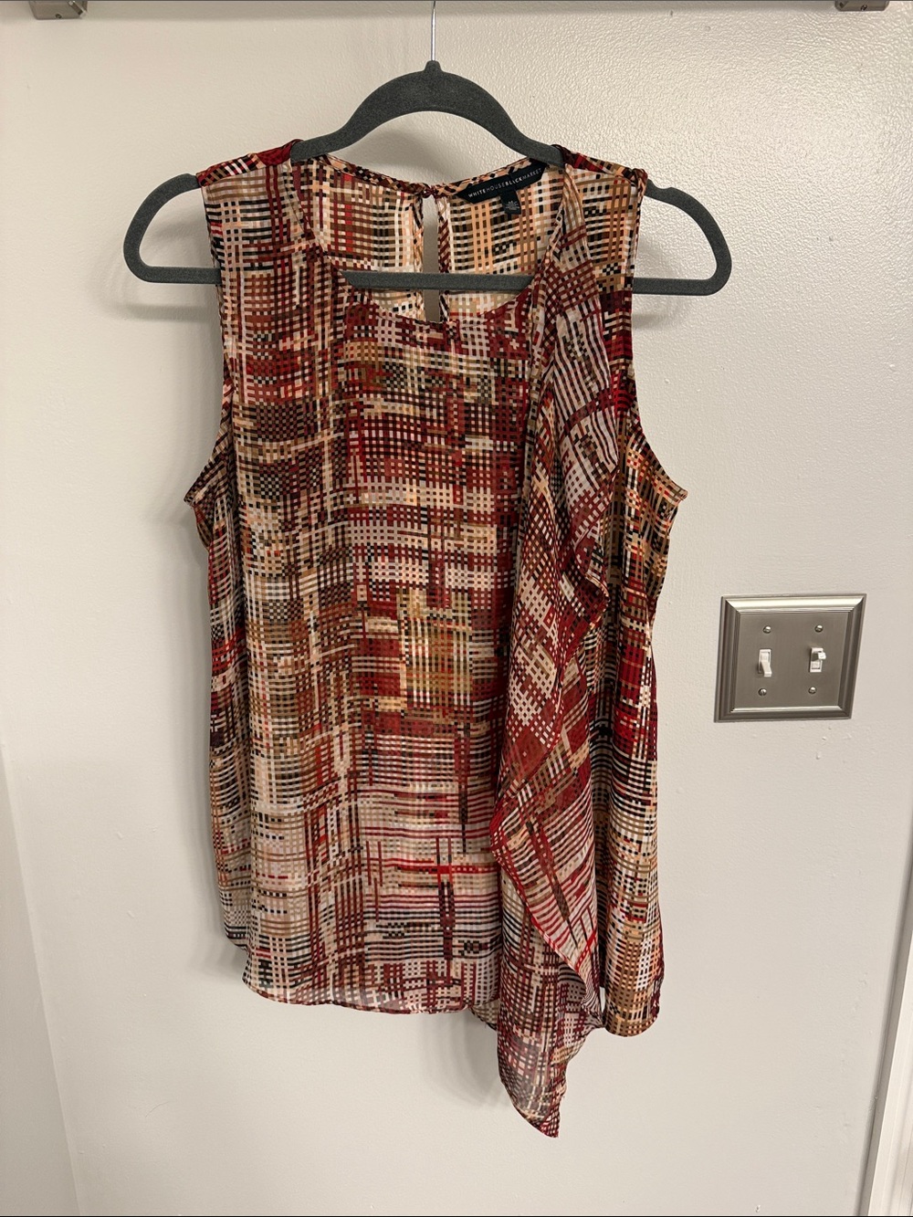 White House Black Market Red Multi Plaid Sleeveless Draped Camisole